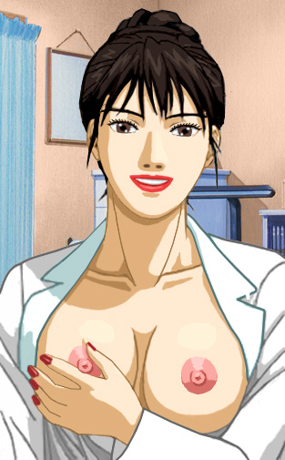 Akami in her white lab coat, open at the chest with both of her breasts exposed, while she fondles her right nipple