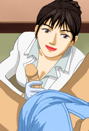 M: Akami down at Alan's crotch, stroking his penis