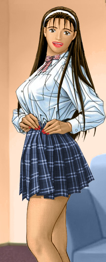 Katherine in profile in school clothes after removing her jacket, showing how busty she is under her blouse, wearing a conservative skirt