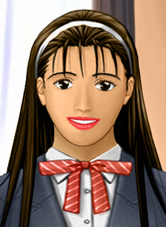 Katherine in her so-proper school clothing: a white blouse, cute striped bow-tie and conservative-cut jacket