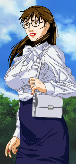 Busty Susan, wearing her usual glasses, in a typical covering-everything blouse, with a purse over her shoulder, ready to go shopping