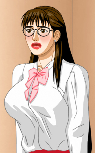 Susan in proper blouse and glasses, looking shocked
