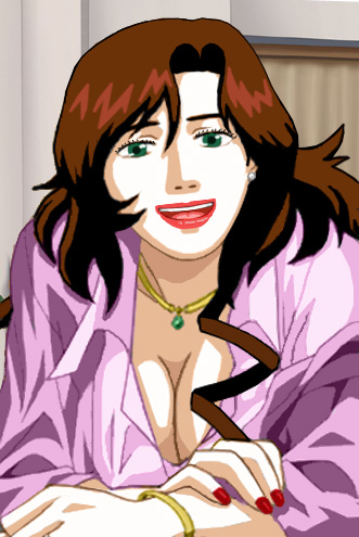 Suzanne Pestridge, leaning forward, cleavage showing in a plunging-neckline blouse, with her tell-tale long teased strand of hair cascading down the left front side of her blouse