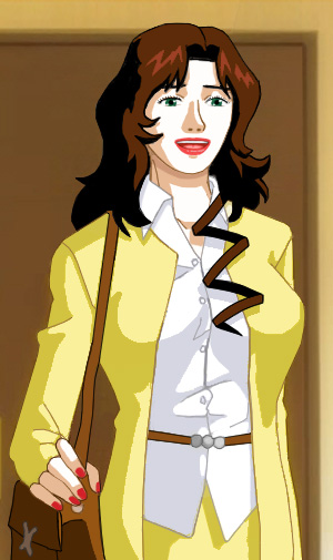 Suzanne in blouse and tailored jacket, sitting in the waiting room