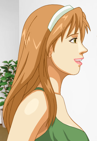 Pretty Amy, with copper-colored hair, in a green sun dress
