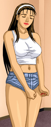 Katherine, braless in a tight top that's tied beneath her breasts, and short shorts