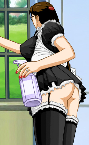 Susan in her maid's outfit, pantyless, cleaning windows