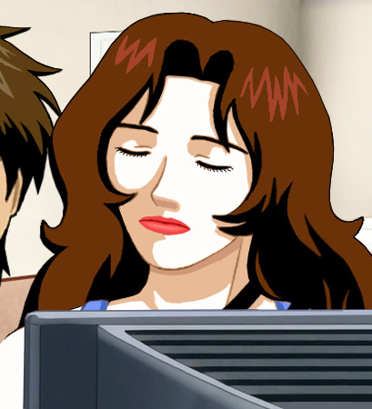 Suzanne in front of Alan's computer monitor