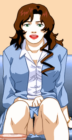 Suzanne, sitting in a blouse and business suit, but without panties