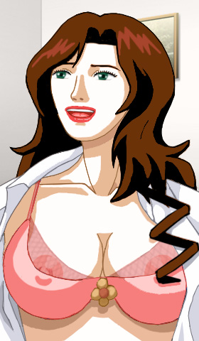 Suzanne, blouse unbuttoned, in a sexy bra with lacy upper cups