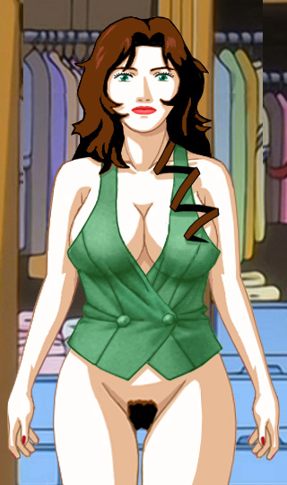 Suzanne naked except for a sexy top with very deep cleavage