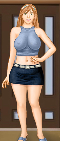 Amy in a tight top, bare midriff and short shorts