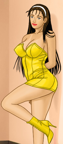 Katherine in a low-cut, short strapless dress and high-heeled boots