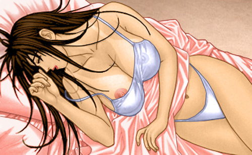 Katherine in the same négligée, showing one nipple