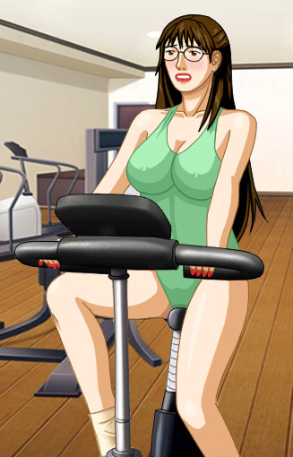Susan in a green leotard, riding an exercycle in her basement
