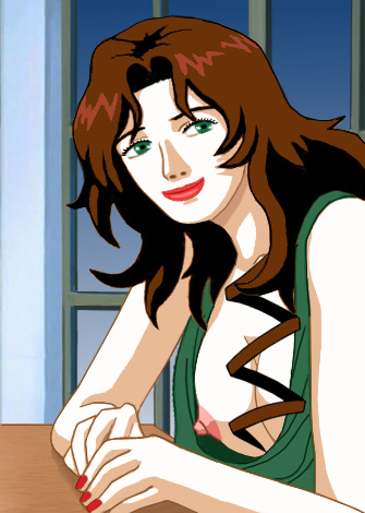 Suzanne leaning forward, exposing her bare boobs