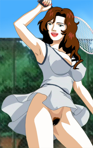 Suzanne playing tennis in a short gray sun dress, with her bush totally exposed
