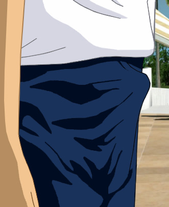 Alan, standing in a white T-shirt and dark blue pants, with his package bulging out