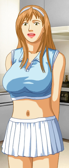 Amy in a powder blue top and short pleated white skirt, showing a bare midriff
