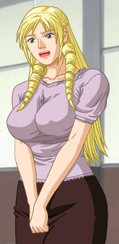 Christine standing in an apologetic pose, wearing a lavender blouse and brown skirt