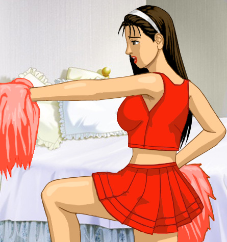 Katherine in a short cheerleader outfit with pom-poms on her hands