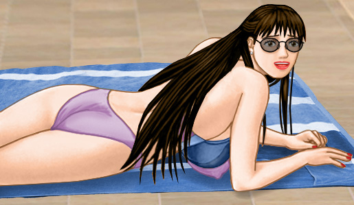 Susan lying down in a very revealing lavender bikini