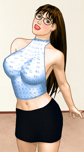 Susan wearing a black skirt and a form-hugging short patterned white top that tied behind her neck, leaving her belly and back exposed, emphasizing her braless tits and bare midriff