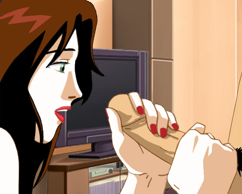 M: Suzanne with two hands wrapped around Alan's rampant erection