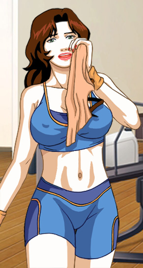 Suzanne wiping her face with a towel while dressed in a blue workout outfit