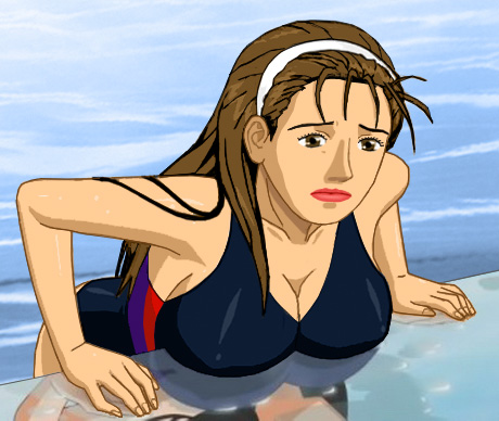 Katherine in her one-piece suit, hoisting herself partially out of the pool so that her boobs rest on the edge