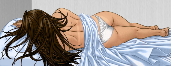 Katherine on her bed lying on her left side on light blue silken sheets, wearing skimpy white silk panties, with her back to the viewer