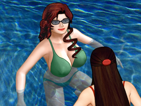 Suzanne in a bikini in the Plummer swimming pool, facing Susan who's back is to the viewer