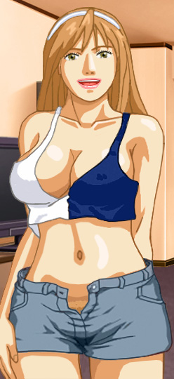 Amy, wearing only a large bi-color tank top and partially-unbuttoned shorts, without bra or panties