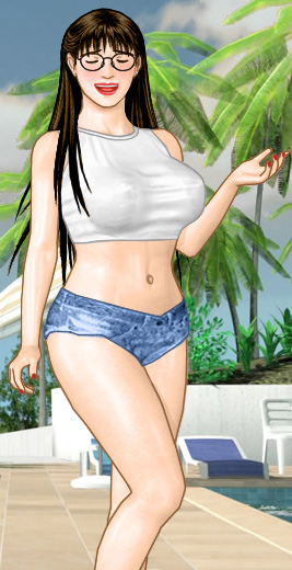 Susan in a skin-tight short top and very short shorts