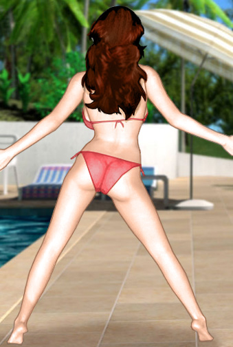 Suzanne in a bikini, standing with legs and arms spread, seen from behind