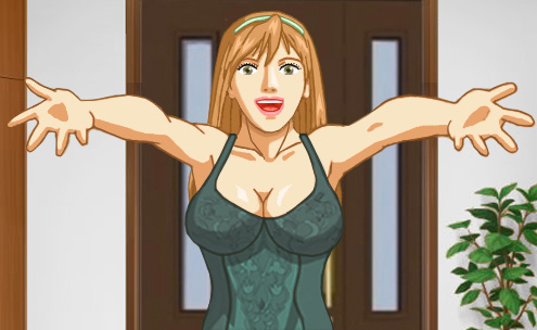 Amy with arms (and boobs) outstretched to hug Alan