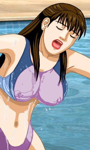 Susan in a wet bikini, tits popping out, preparing to embrace Alan