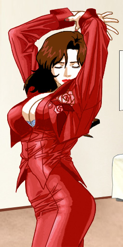 Suzanne doing a slow striptease, starting from a business suit