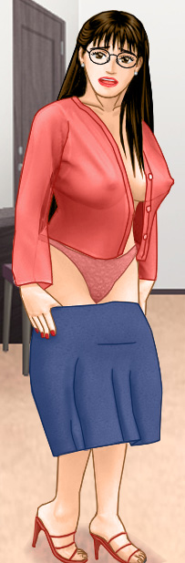 Susan in heels, with unbuttoned blouse, clearly showing her rack, removing her skirt, showing that she's wearing panties