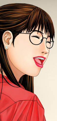 Susan smiling, wearing a light maroon top and pearl earrings