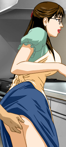 G: Susan in blouse and skirt, at the counter, with Alan fondling her ass