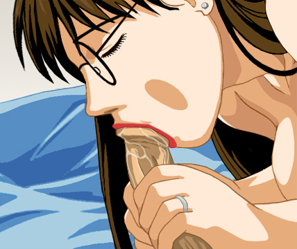 B: Susan bent over Alan's dick, holding it with both hands as she puts most of the head into her mouth