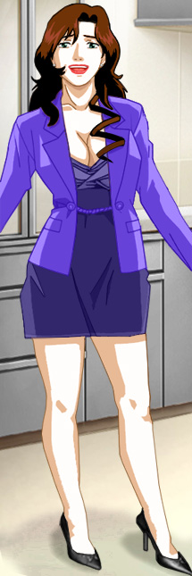 Suzanne in a dress showing deep cleavage and an open jacket whose left and right halves are connected by a chain at her waist