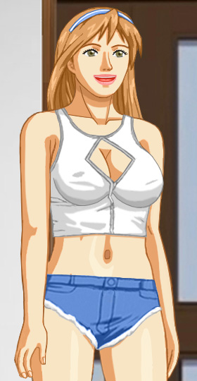 Amy in a very revealing short top and short shorts