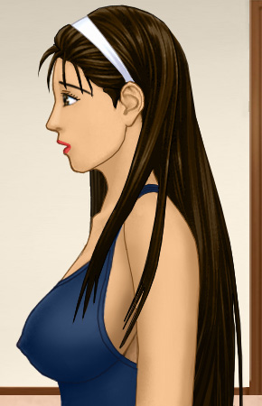 Kat in profile in a blue bathing slip that clearly outlines her breast and nipple