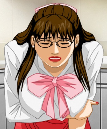 Susan in a blouse with a big bow, bent forward as if in pain, with her nipples hard and protruding through her blouse