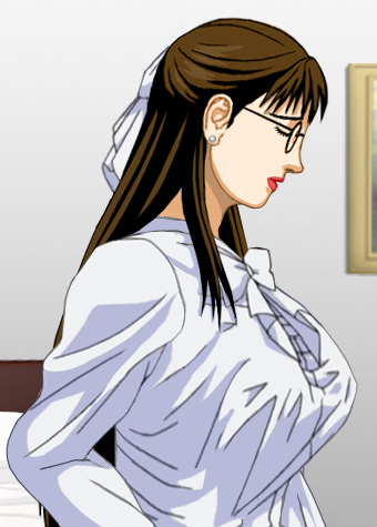 Susan in a prim and proper white blouse