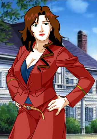 Suzanne on the sidewalk in front of a house, talking to Alan