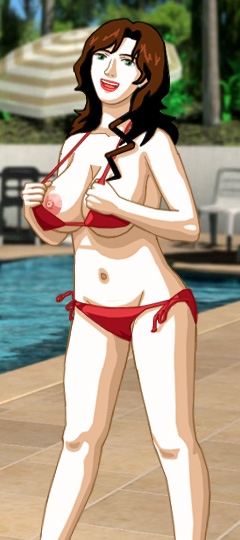 Suzanne in a teeny red bikini, pulling her bra cups forward to lengthen her breasts