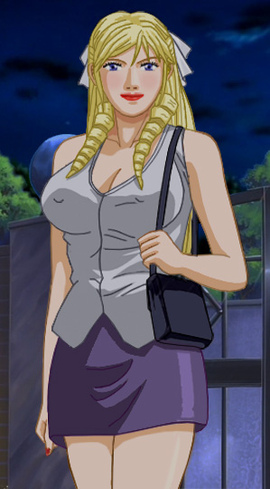 Christine dressed up in a form-hugging blouse and dark skirt, with a necklace, carrying a small handbag under her left arm